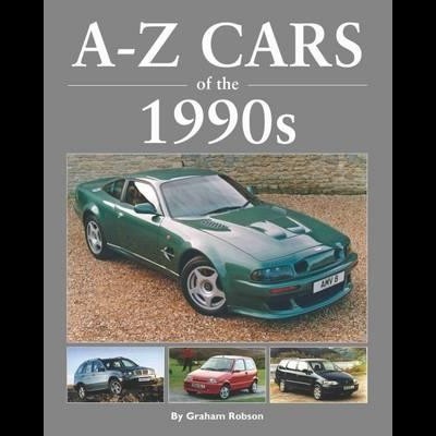 Capa de livro com título 'A-Z CARS of the 1990s' e imagens de carros