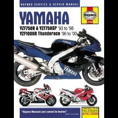Manual Haynes com mota azul Yamaha e duas motos pequenas vermelho e branco