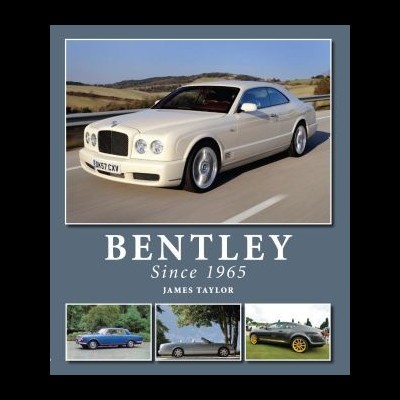 Carro Bentley branco em estrada rural com texto promocional e imagens menores de outros Bentley