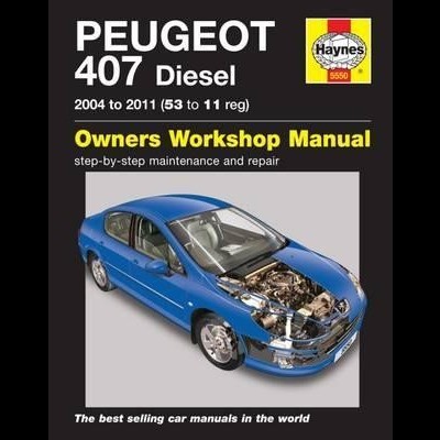 Capa de manual do Peugeot 407 Diesel azul com capô aberto e logo Haynes