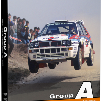 Livro sobre carros de rali Group A com capa mostrando carro em voo