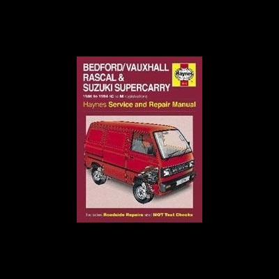 Manual Haynes para Bedford/Vauxhall Rascal e Suzuki Supercarry com capa vermelha e imagem de carrinha