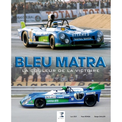 Imagem com dois carros de corrida azuis Matra em pista, com texto Bleu Matra e La couleur de la victoire.