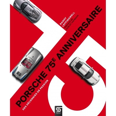 Capa de livro vermelho com miniaturas de carros Porsche e texto em francês sobre aniversário.