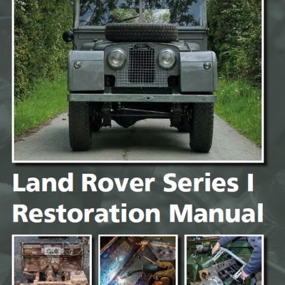 Capa de manual de restauração com Land Rover Series I cinzento frontal e fotos de restauração
