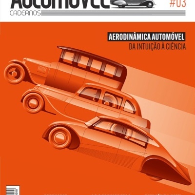 Capa de revista com desenhos de carros antigos e texto sobre automóveis e aerodinâmica