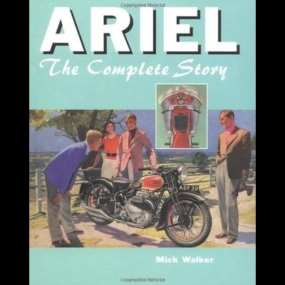 Capa de livro com o título ARIEL The Complete Story e imagem de quatro pessoas em volta de uma motocicleta clássica preta e vermelha