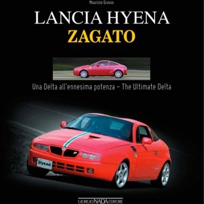 Capa de livro sobre Lancia Hyena Zagato com imagens de carro vermelho