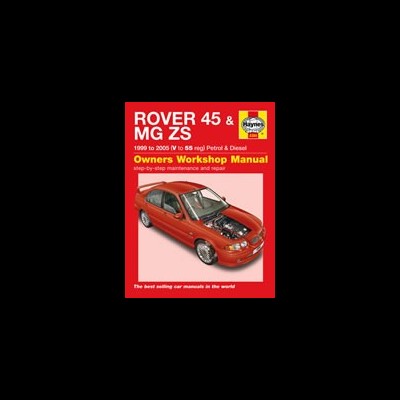Capa do manual 'ROVER 45 & MG ZS' com carro vermelho e texto em vermelho, branco e amarelo