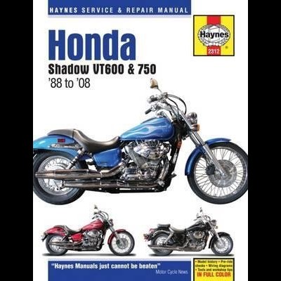 Capa do manual Haynes para Honda Shadow VT600 & 750, com imagens de motos azul, vermelha e preta