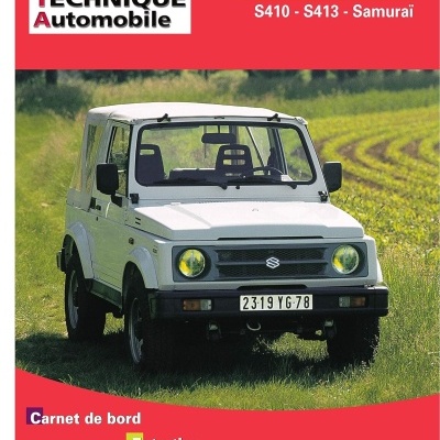 Capa vermelha de revista com foto de Suzuki Samurai branco em relva