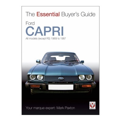 Capa de livro com um carro Ford Capri azul à frente e texto informativo.