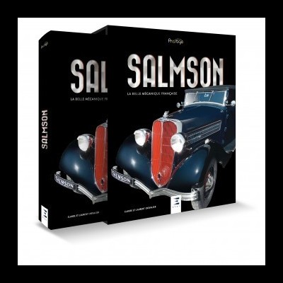 Caixa preta com imagem de carro clássico azul e texto SALMSON