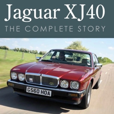 Livro com Jaguar XJ40 vermelho em estrada e texto da capa.