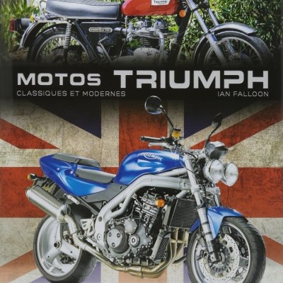 Capa de livro com duas motos Triumph, uma clássica vermelha e branca, outra moderna azul, fundo com bandeira do Reino Unido