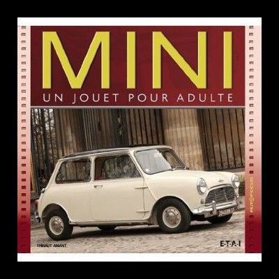Capa de livro vermelho e amarelo com imagem de carro Mini branco antigo