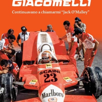 Capa de livro com carro de Fórmula 1 vermelho e equipa de mecânicos