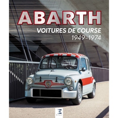 Capa de livro com carro clássico Abarth cinza e vermelho.