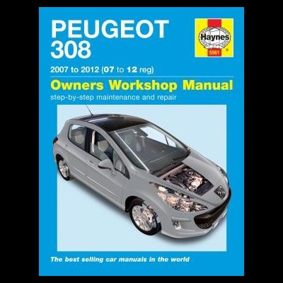 Capa manual Peugeot 308 de 2007 a 2012, com carro cinza e logo Haynes