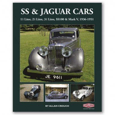 Capa de livro azul escuro sobre carros clássicos Jaguar e SS entre 1936 e 1951