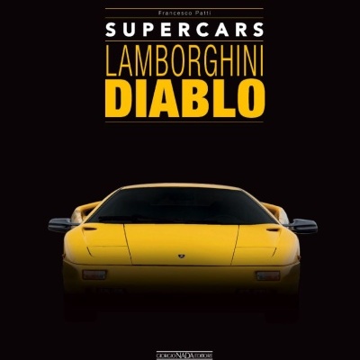 Livro com capa preta mostrando o carro Lamborghini Diablo amarelo e título em letras brancas e amarelas