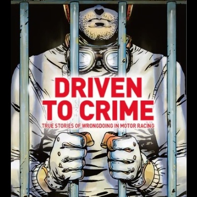 Capa de livro 'Driven to Crime' com piloto atrás de grades de prisão.