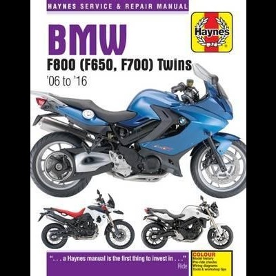 Capa de manual Haynes de BMW F800 Twins com imagens de motos azul, preto/vermelho e branco/preto