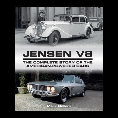 Capa de livro com imagens de carros Jensen V8 e texto sobre a história dos carros Jensen V8 americanas.