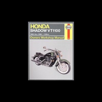 Capa de manual de oficina cinza com motocicleta preta Honda Shadow VT1100 e logotipo Haynes
