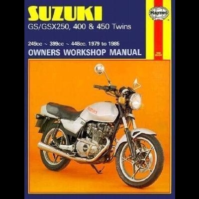 Capa de manual Haynes com uma moto Suzuki branca e texto informativo.