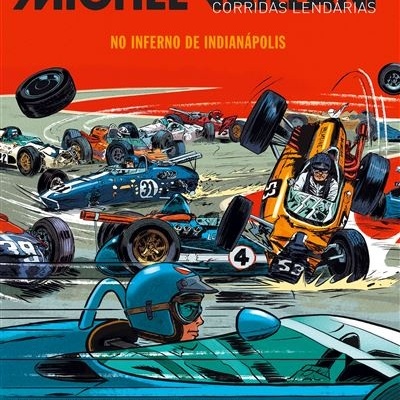 Capa de livro com ilustração de carros de corrida vintage numa pista e texto em português.
