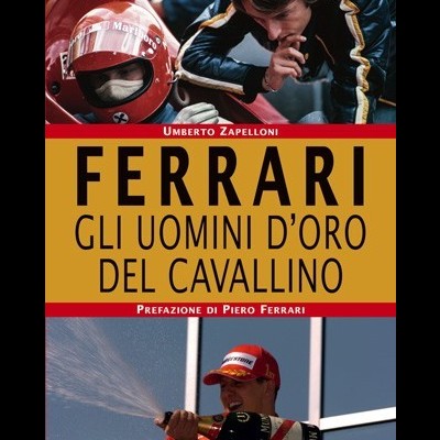 Capa de livro sobre Ferrari com título e imagens de pilotos de corrida