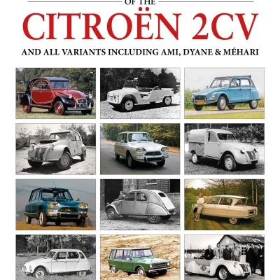 Capa de livro com fotos de carros Citroën 2CV e texto do título