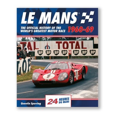 Capa de livro sobre a história das corridas Le Mans 1960-69 com carro de corrida vermelho.