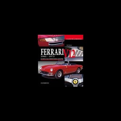Capa de livro sobre Ferrari V12 com fotos de carro vermelho clássico e motor