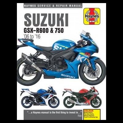Capa do manual Haynes para Suzuki GSX-R600 e 750 com imagens de três motos desportivas em azul, azul e branco, e vermelho e branco.