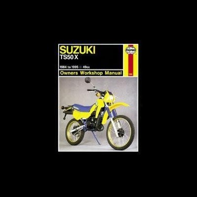Manual de oficina Suzuki TS50 X com imagem de mota amarela e azul