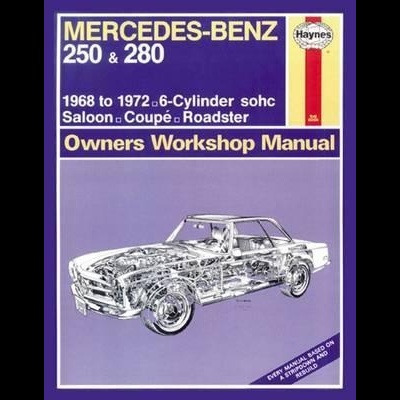 Capa de manual Mercedes-Benz 250 & 280 com ilustração técnica de carro e texto