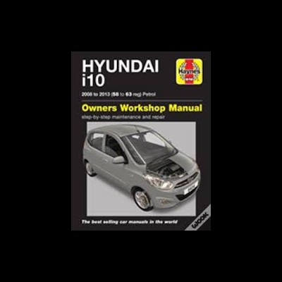 Manual de oficina Hyundai i10 2008-2013 com capa preta, texto amarelo e branco e imagem de carro cinzento