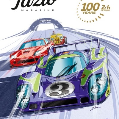 Capa da revista Tazio Magazine com ilustração de carros de corrida e texto comemorativo Le Mans.