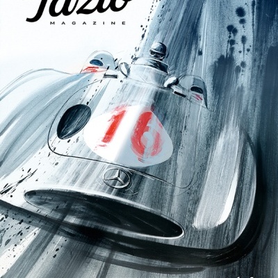 Capa da revista Tazio com carro de corrida clássico prateado e número 16 vermelho