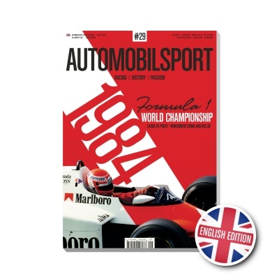 Capa da revista AutomobilSport com carro de Fórmula 1 de 1984 e texto em vermelho, branco e preto