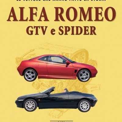 Imagem de dois carros Alfa Romeo GTV e Spider com texto em fundo amarelo.