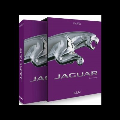 Embalagem de produto roxa com logótipo e texto prateado Jaguar