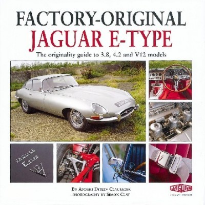 Capa de livro sobre Jaguar E-Type com fotos do carro e detalhes