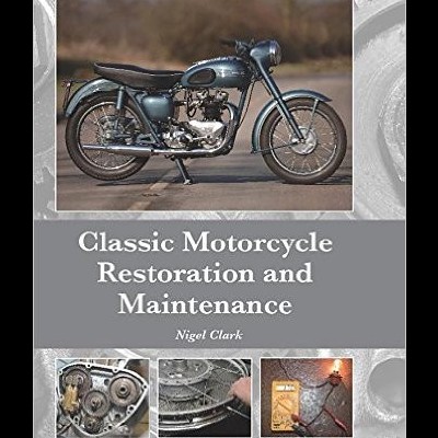 Capa de livro com motocicleta clássica azul e pequenas imagens de peças mecânicas