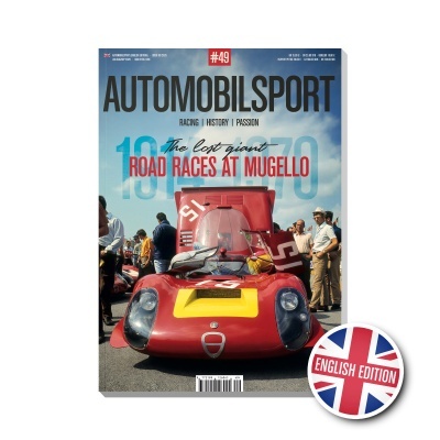 Revista AUTOMOBILSPORT com capa de carro de corrida vermelho e amarelo, número 51, pessoas ao redor ao ar livre