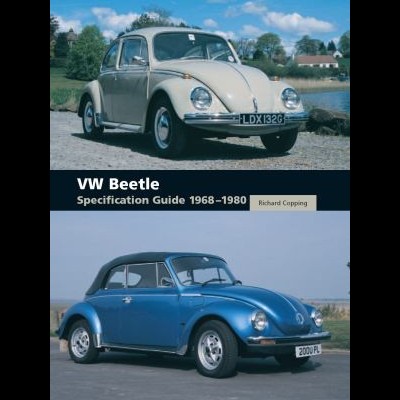Dois carros VW Beetle em ambientes ao ar livre com texto de especificações