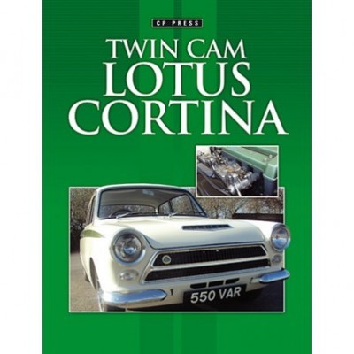 Capa verde de livro TWIN CAM LOTUS CORTINA com foto de carro vintage branco e motor