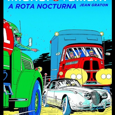 Capa de banda desenhada com camiões verde e vermelho e carro desportivo branco à noite